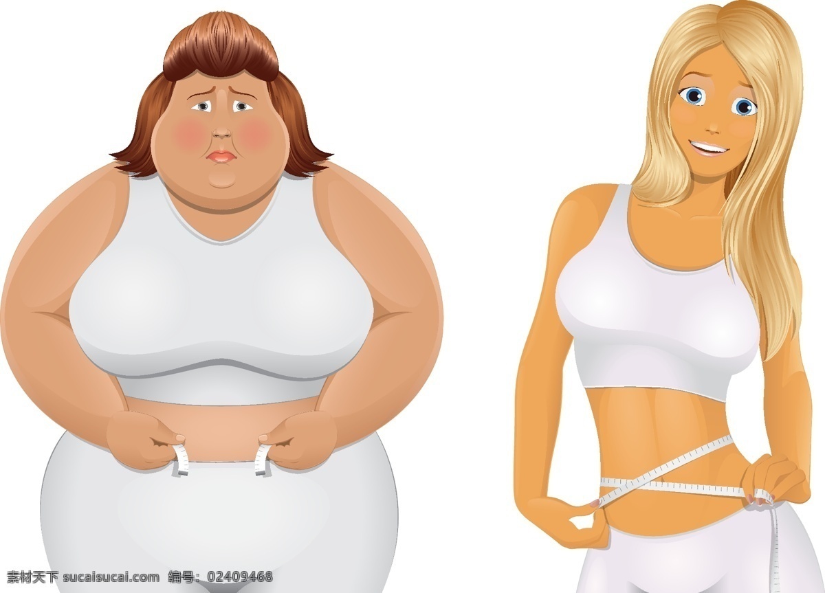 胖瘦 女子 对比 插画 卡通画 人物 胖瘦女子 对比插画 美女 日常生活 矢量人物 矢量素材
