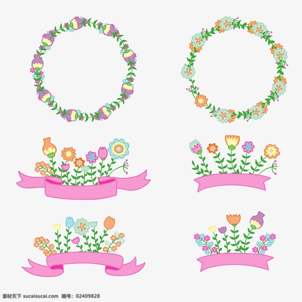 丝带 花卉 花环 花朵 花枝 植物 横幅 条幅 标签 情人节 节日 贺卡 卡片 婚礼 邀请卡 请柬 插画 背景 海报 画册 矢量植物 创意图 底纹边框 花边花纹 白色