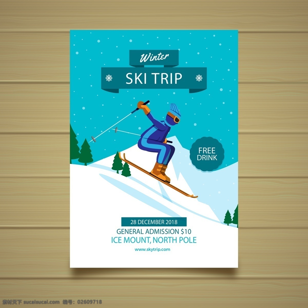 滑雪 滑雪板 滑水橇 滑行装置 下雪背景 滑雪人物 滑雪运动员 国外滑雪海报 外国滑雪海报 雪山矢量 卡通树木 卡通雪山 滑雪单张设计 海报折页