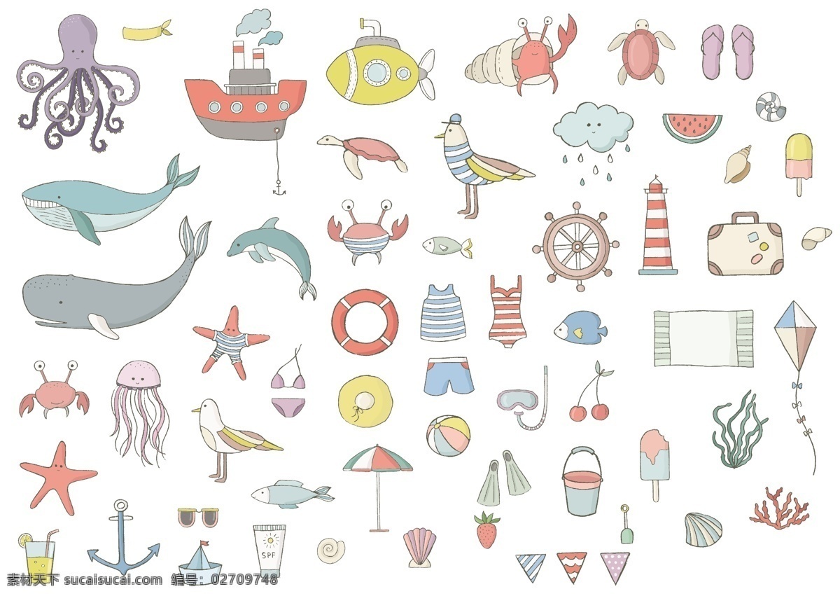 可爱 彩色 手绘 儿童 插画 海洋 生日 章鱼 矢量 卡通 鲸鱼 线稿 装饰 合集