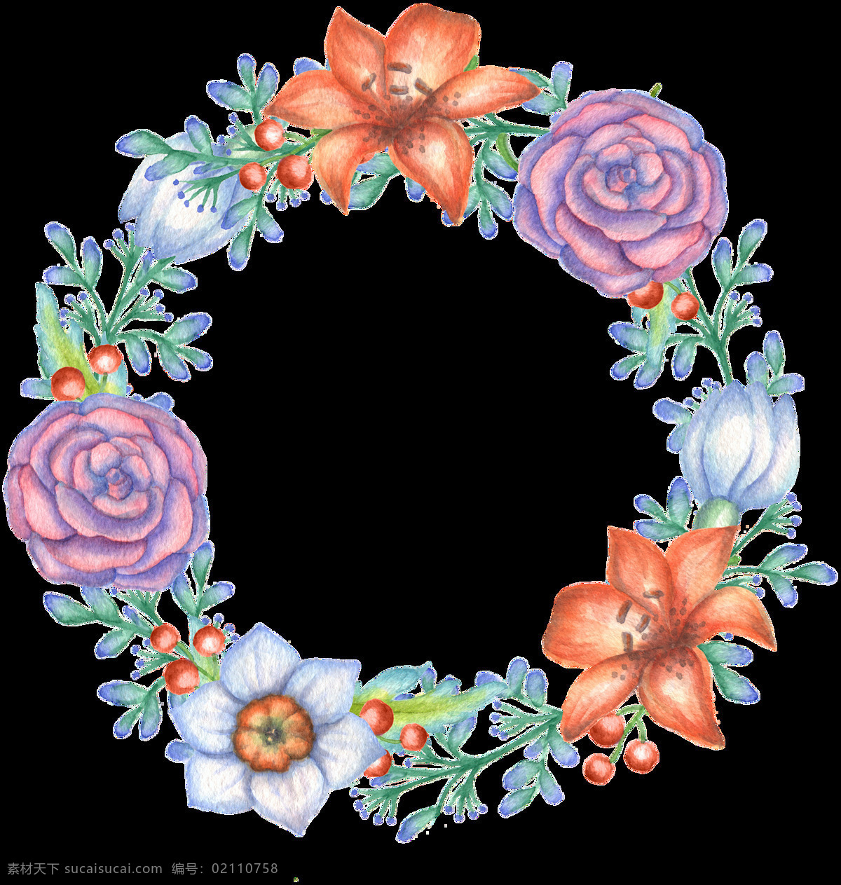 手绘 多彩 花草 花环 鲜花 透明 装饰 百合花 绿叶 玫瑰花 免扣素材 透明素材 植物 装饰图片