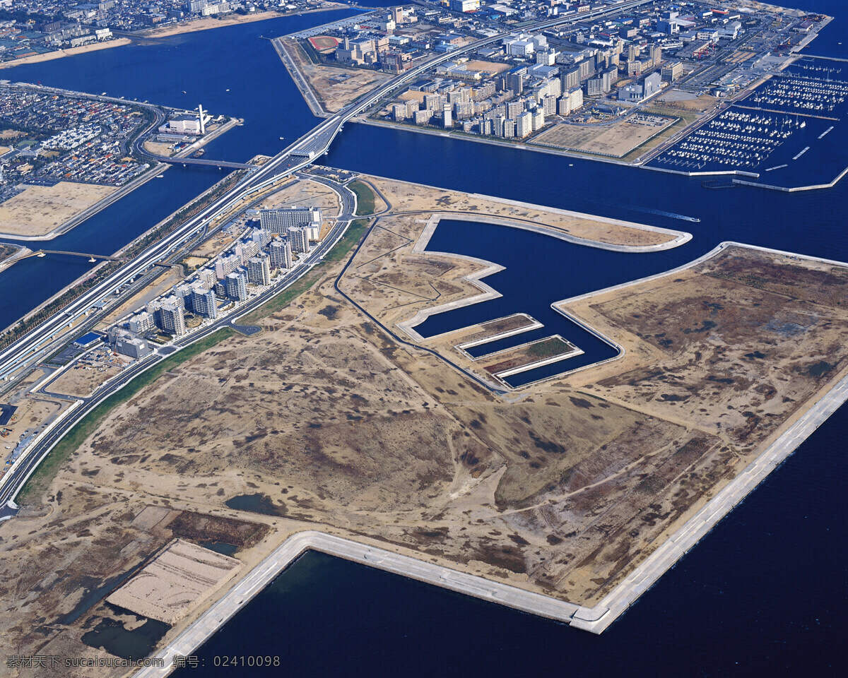 填海 人工填海 人造陆地 扩展内陆 港口 海港 船坞 内海 城市 跨海大桥 鸟瞰图 岛屿 现代科技
