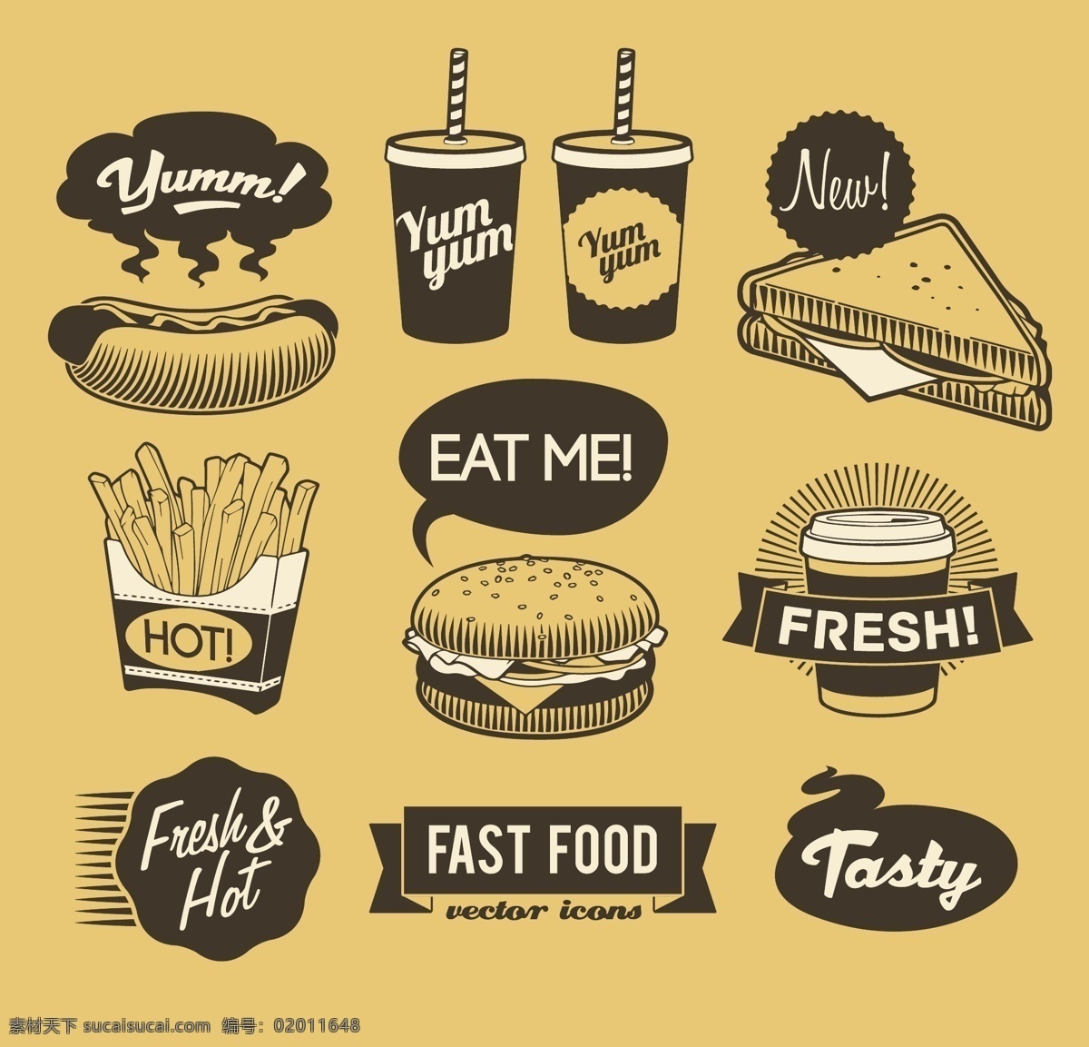 美食图标设计 可乐 饮料 三明治 薯条 汉堡 图标 标签 美食 餐饮 食物 餐饮海报 底纹 背景 餐饮美食 生活百科 矢量素材 黄色