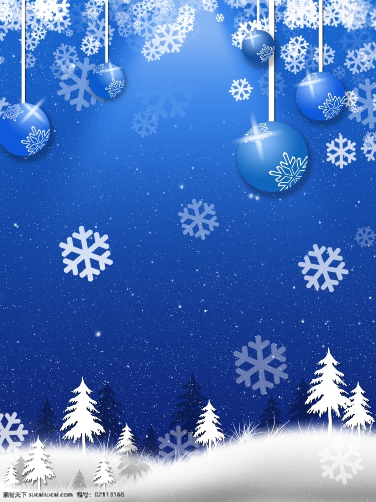 原创 蓝色 圣诞 唯美 浪漫 雪地 背景 雪花 雪景 圣诞球 圣诞树