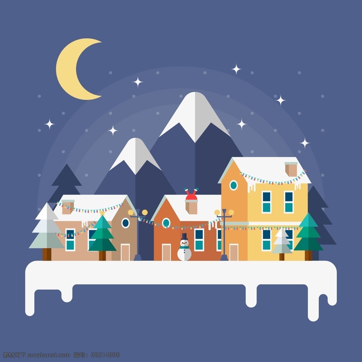 冬夜 村庄 里 风景 插画 冬天 房子 雪景 夜景 月亮