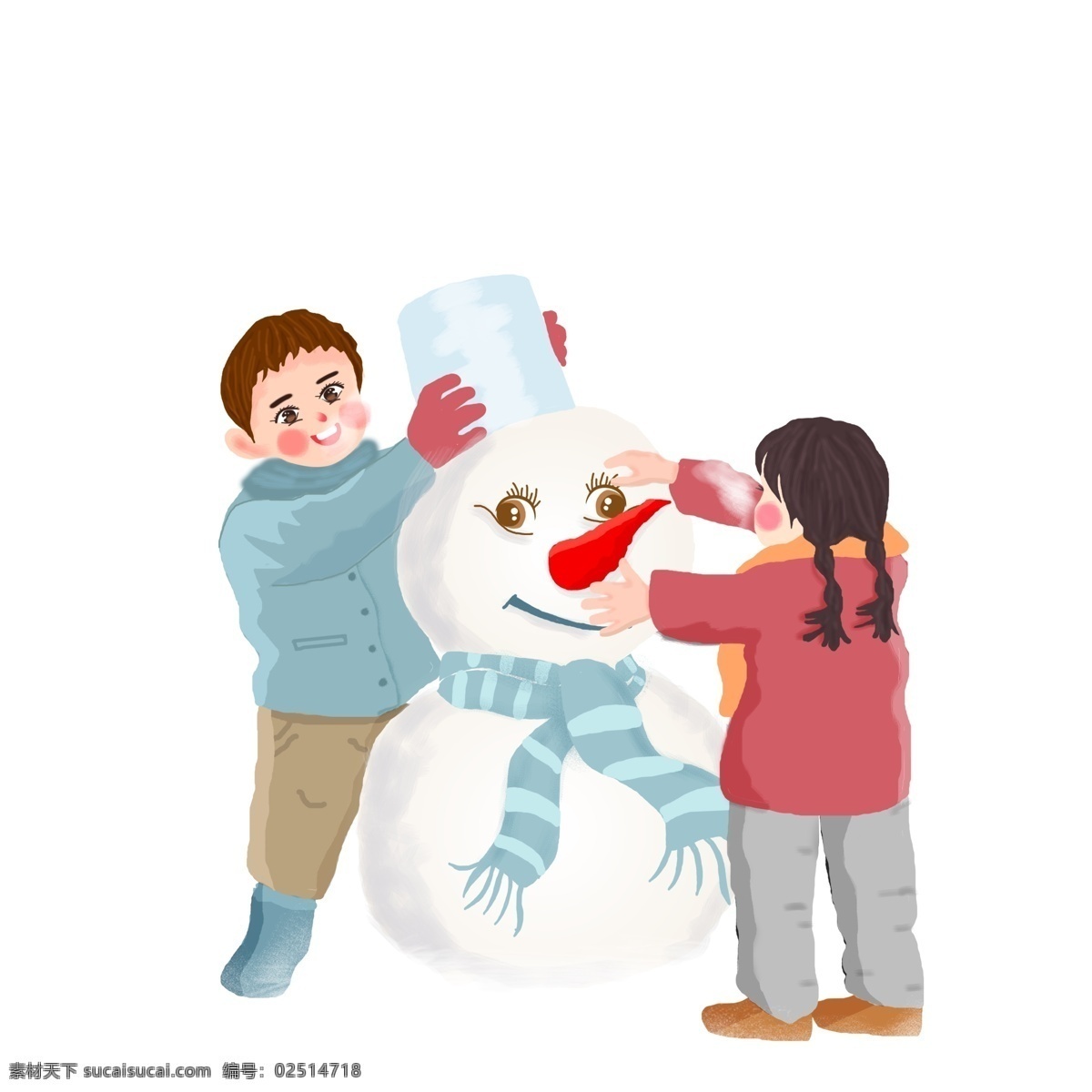 堆 雪人 男孩 女孩 图案 元素 卡通人物 设计元素 简约 创意元素 堆雪人 手绘 手绘图案 手绘元素