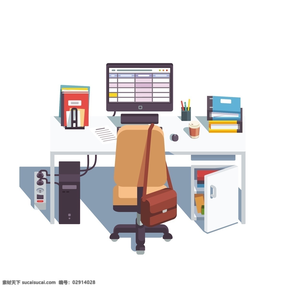 办公 办公室 办公桌 彩色 餐桌 插画 插座 电脑 工作 皮包 平台 商业 上班 设计师 个人 桌子 区域 书桌