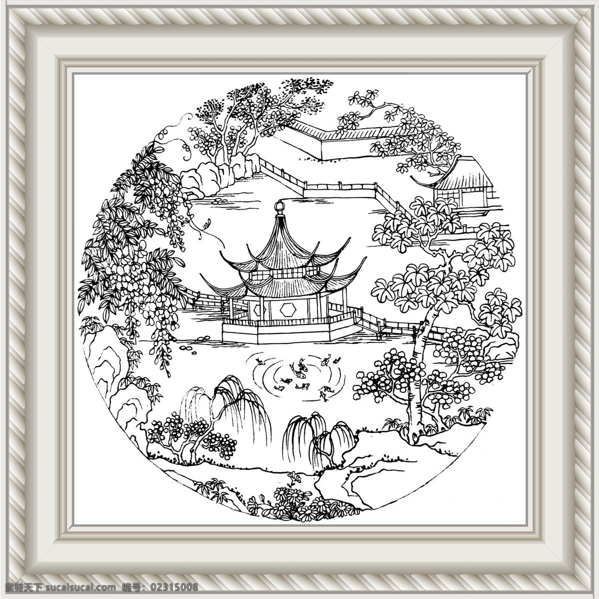 白描山水 白描 传统图案 刺绣 刺绣图案 风景画 工笔 挂画 画框 美术 山水 线描山水 线描 园林景观 自然风光 黑白稿 相框 艺术画 家居装饰素材 山水风景画