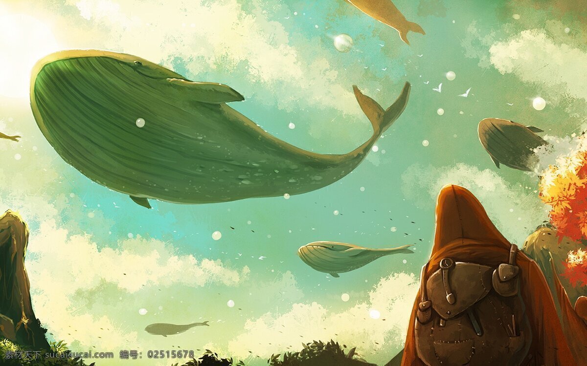 飞天鲸鱼图片 鲸鱼 飞 天空 会飞的 绿色 动漫动画