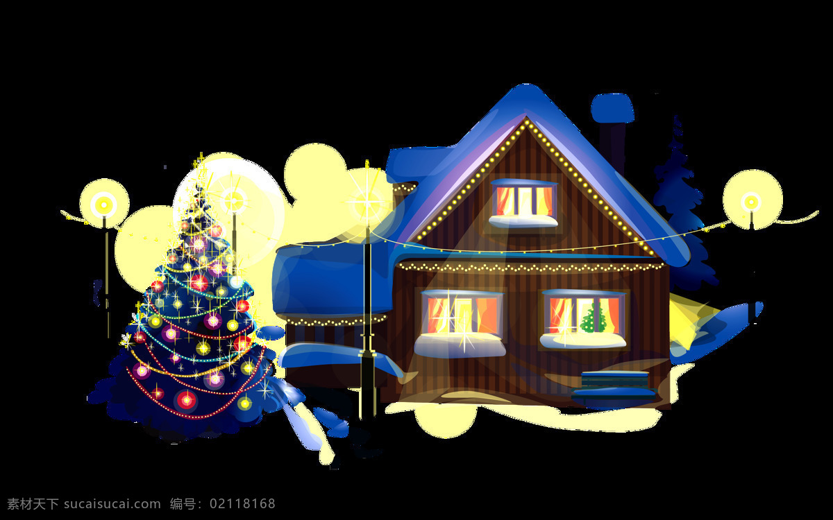 手绘 卡通 房子 装饰 圣诞树 圣诞节 蓝色 雪地