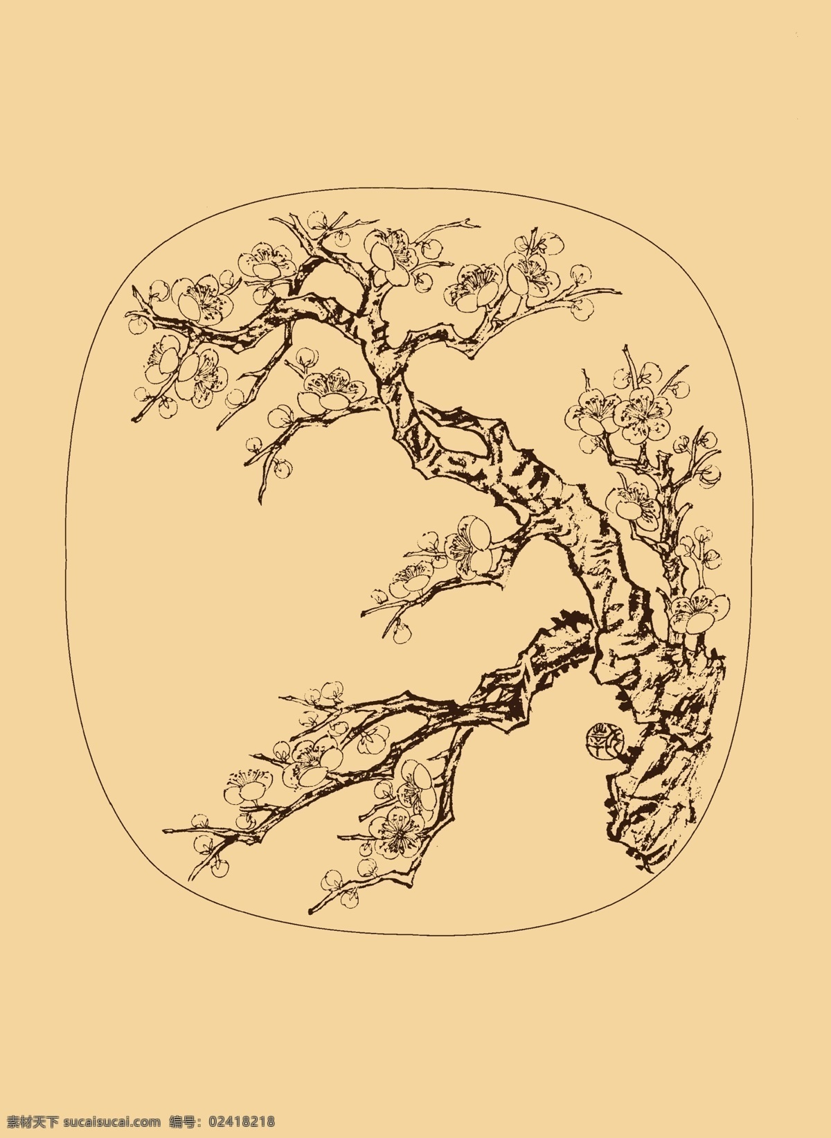 团扇扇面 梅花 白描 国画 中国画 线描 勾勒 古典 花卉 圆形 分层 源文件