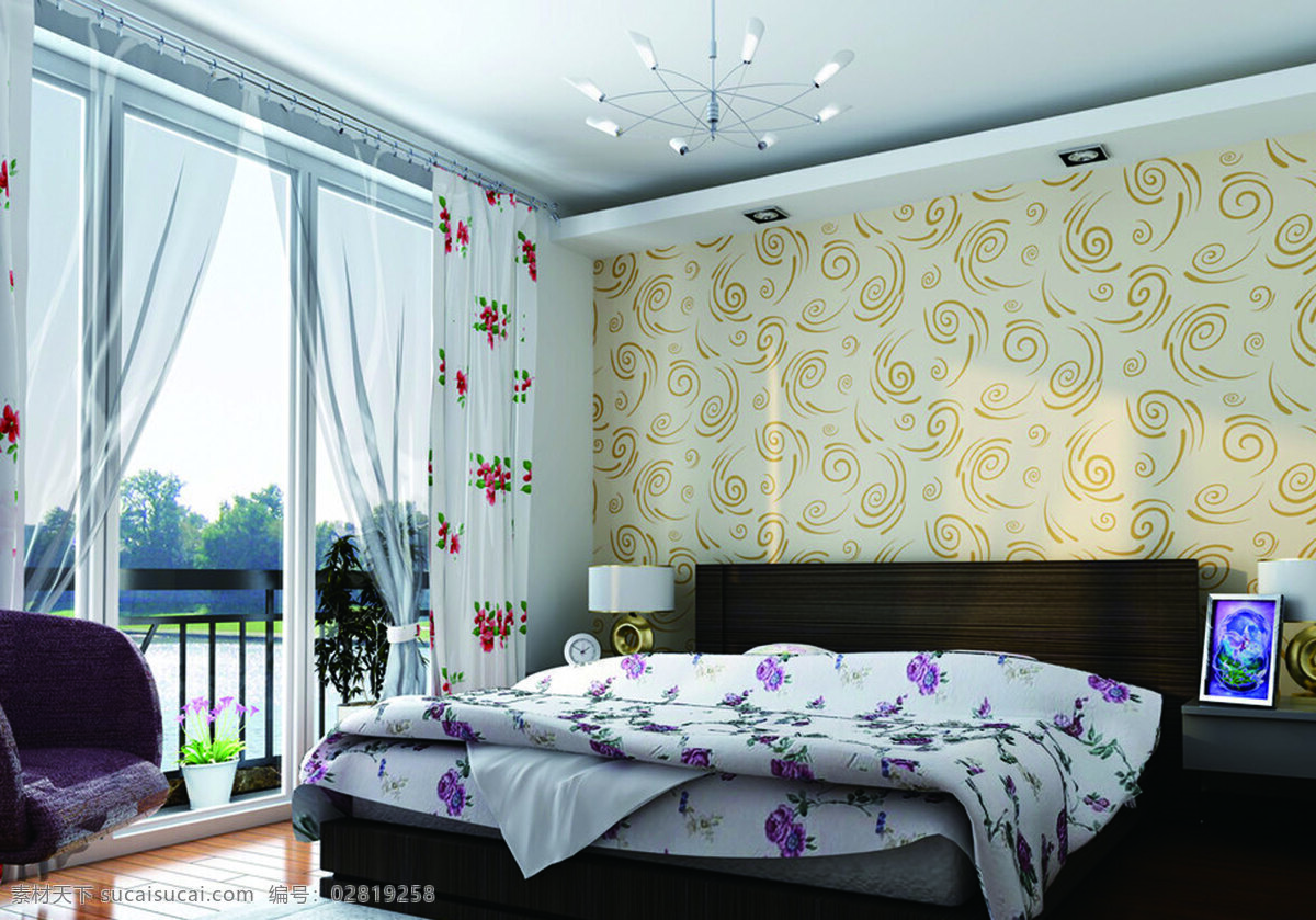 墙纸 床 环境设计 螺旋 落地窗 室内设计 卧室 旋转 家居装饰素材