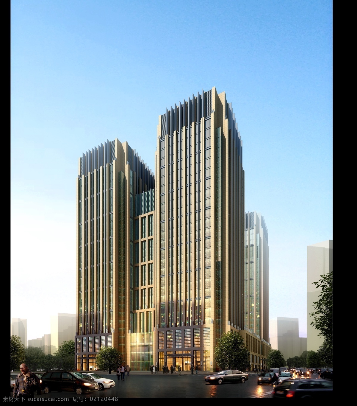 黄昏 人 视 共建 写字楼 3d 效果图 分层 玻璃 建筑 底商 人视 半夜景 沿街 高层 车流