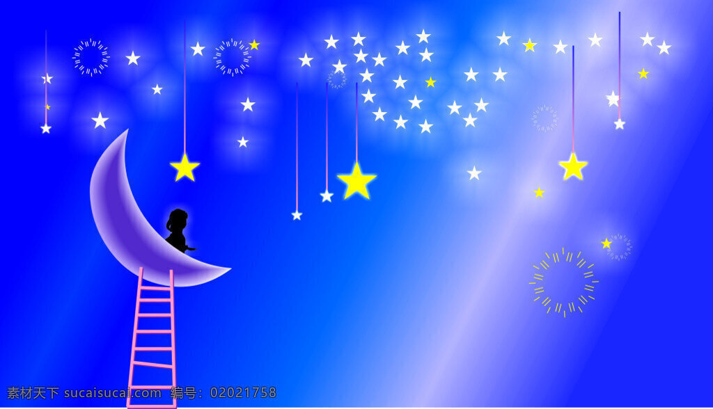 月亮星星 星星 月亮 发光 矢量 效果 梯子 梦幻 小女孩 卡通 蓝色 背景