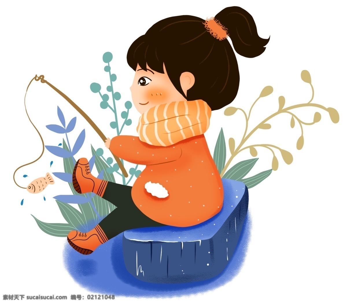 手绘 钓鱼 小女孩 插画 植物 冬天 围巾 大寒插画 手绘女孩插图 石头座椅 橙色衣服