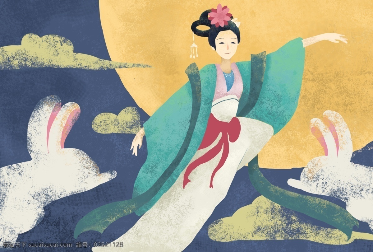 扁平 复古 肌理 中秋节 嫦娥 兔子 原创 插画 简约 月亮 云朵 壁纸 仙女