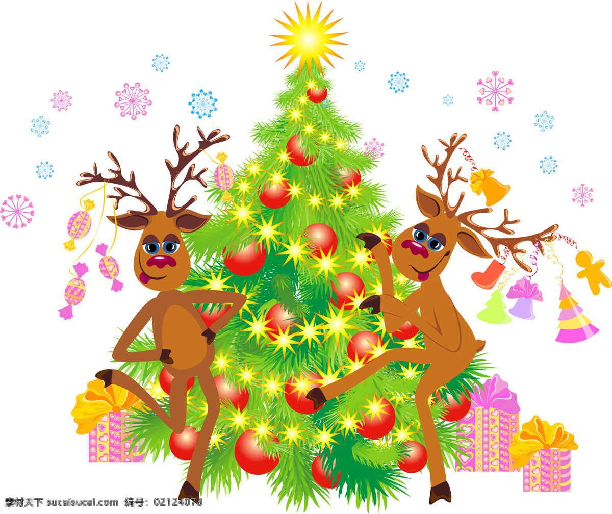 两个 小鹿 圣诞树 圣诞球 礼物 礼盒 动物 圣诞节 装饰物 节日庆典 生活百科