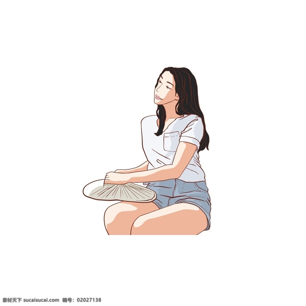 白色 女孩 简约 乘凉 元素 手绘