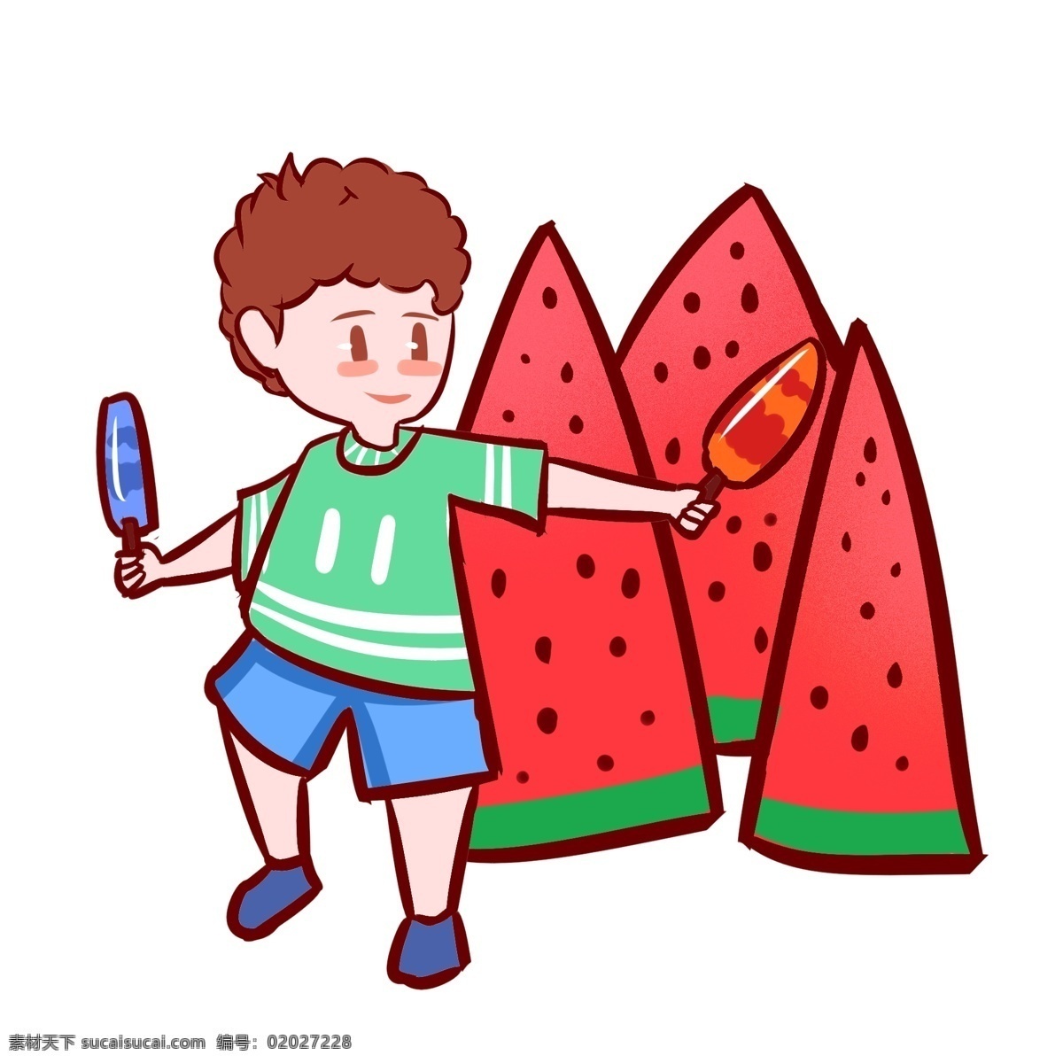 夏天 吃 西瓜 冰淇淋 男孩 卡通 风扇 小男孩 清爽 凉爽 夏季 嬉戏 开心 玩耍 童趣 避暑 降温 小清新