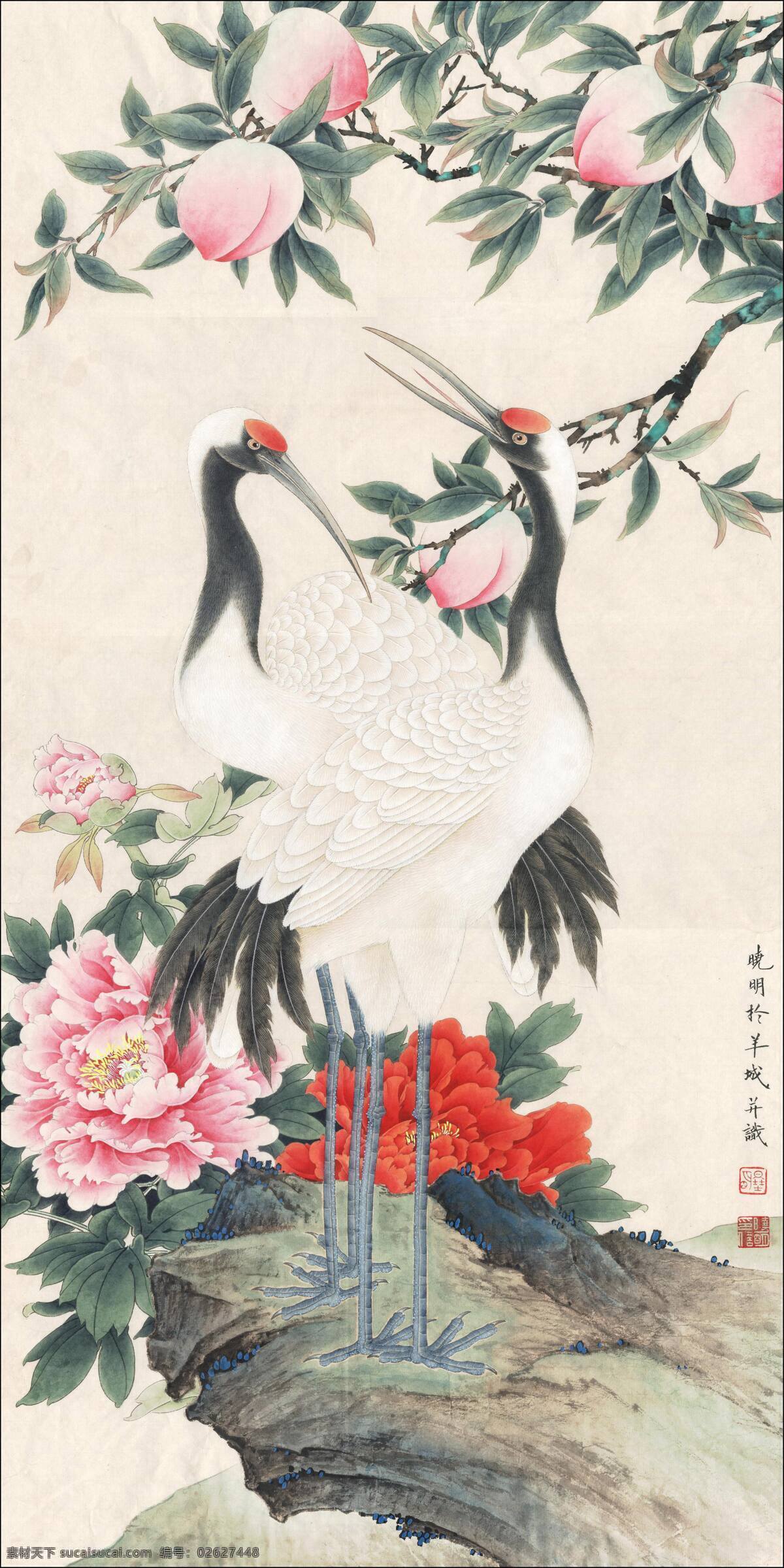 牡丹仙鹤 国画 牡丹 传统 复古 花 仙鹤 绿叶 鸟 文化艺术 绘画书法 设计图库