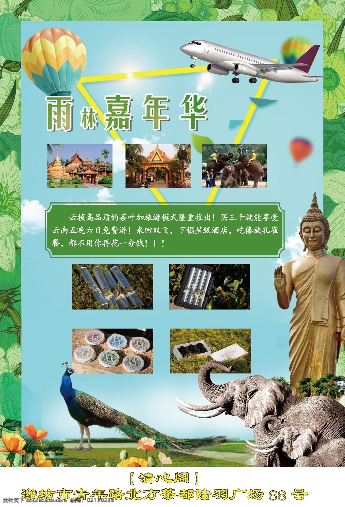 茶道 旅游 海报 佛 大象 孔雀 分层
