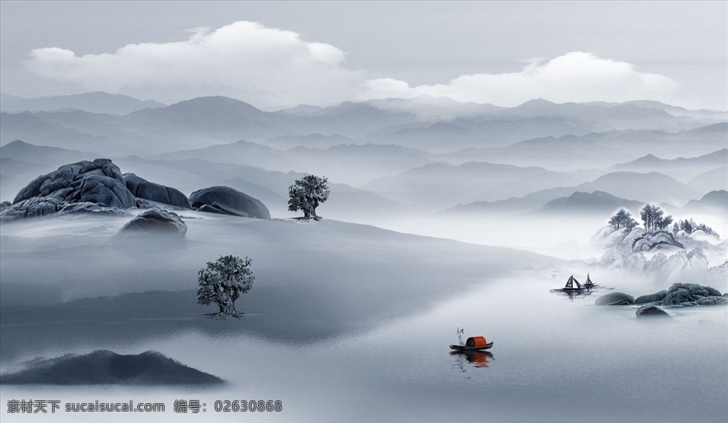 水墨山水图片 新中式 欧式 简约 现代 水墨画 背景墙 壁画 船 风景 云雾山 分层