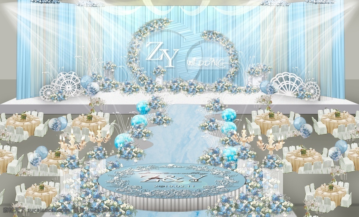 蓝色婚礼 蓝色 圆环 线帘 地爆气球 st台 婚礼效果图