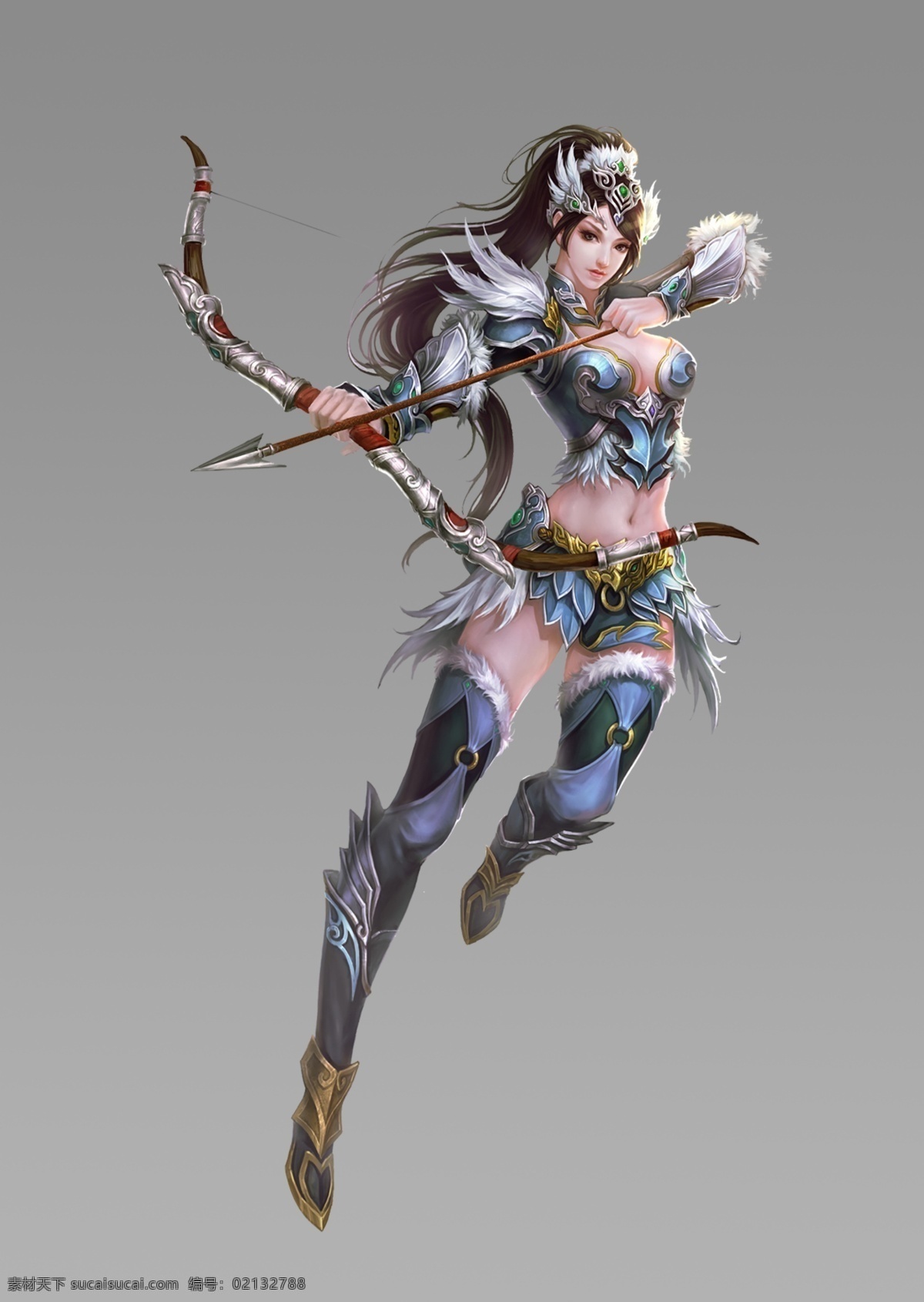 游戏 插画 女 射手 弓箭 女性 古代 中国风 长发 弓 人物 分层 源文件