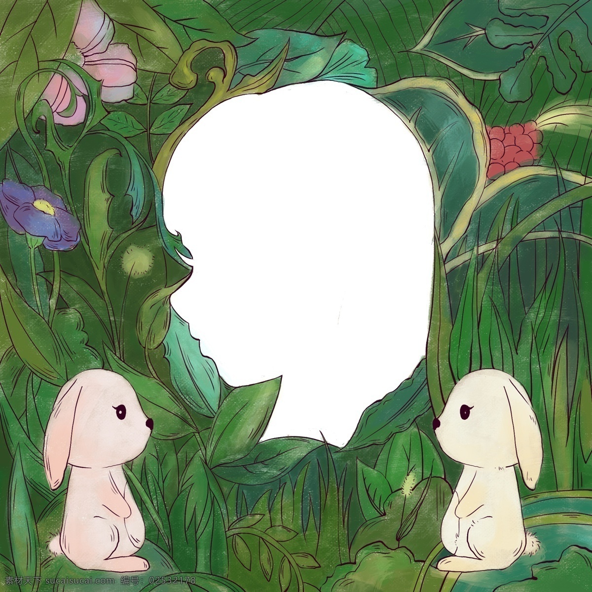 小女孩 森 系 兔子 花草 森系 绿色 可爱 手绘 小兔子