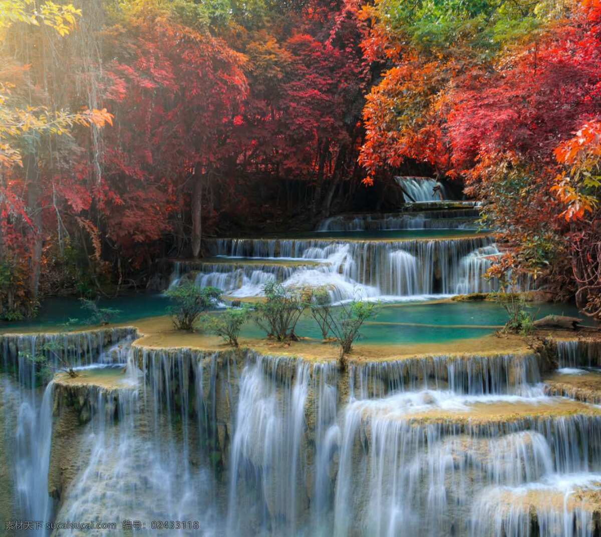 瀑布 风景 流水 红树叶 树木 红色 自然景观 山水风景