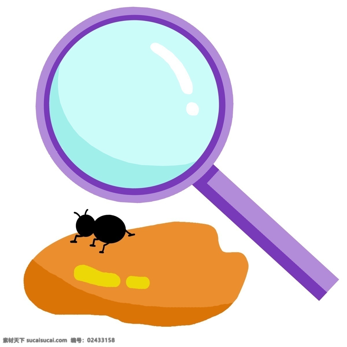 紫色 放大镜 插图 紫色的放大镜 黑色的小蚂蚁 装饰放大镜 科学放大镜 学习工具 橙色的糖块