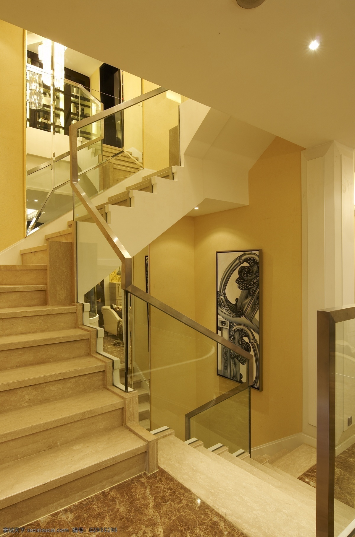 别墅 室内 楼梯 装修 效果图 铁艺栏杆 大理石台阶 清新园艺 大空间 暖色调