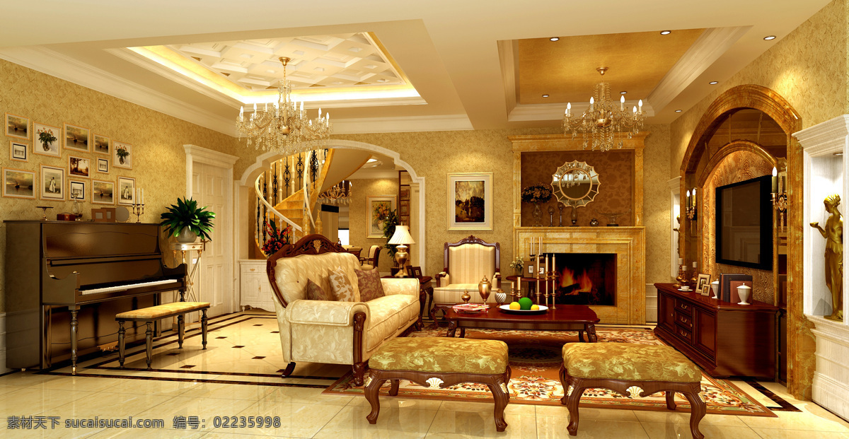 吊灯 钢琴 环境设计 客厅 欧式 效果图 沙发 设计素材 模板下载 室内设计 家居装饰素材