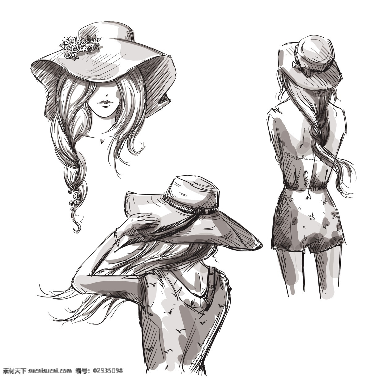 手绘 时尚 女生 人物 插画 黑白 铅笔 帽子 背景