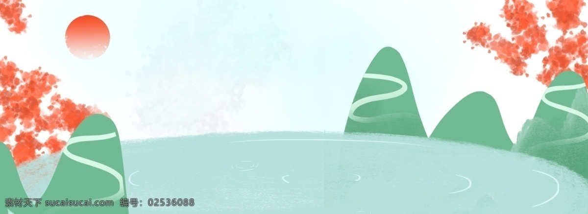 原创 手绘 山水 背景 图 手绘插画 绿色 清新 春天 清明 花朵