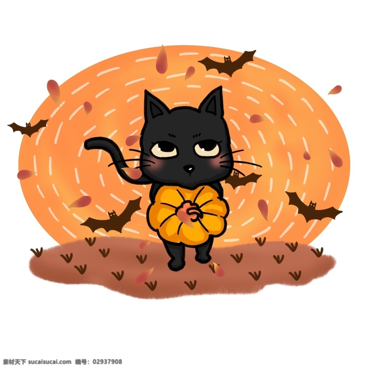 原创 手绘 风 插画 万圣节 黑猫 蝙蝠 南瓜 元素 花瓣 可爱 手绘风 板绘 猫咪 卡通