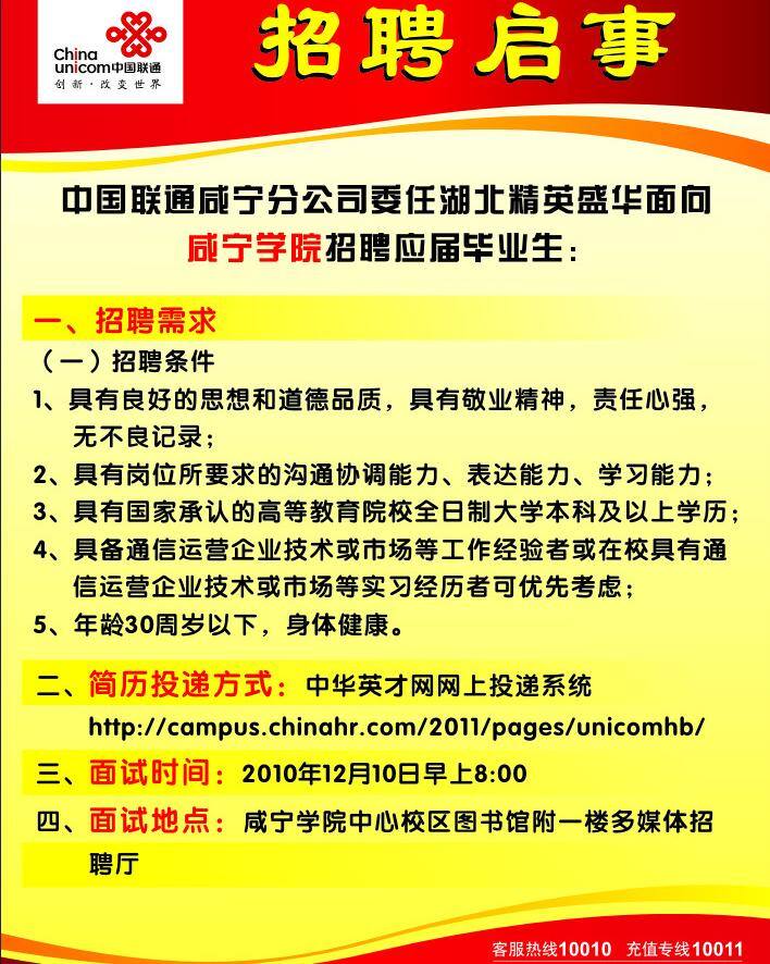 联通 招聘 简章 简介 联通招聘简章 应届毕业生 矢量 招聘海报