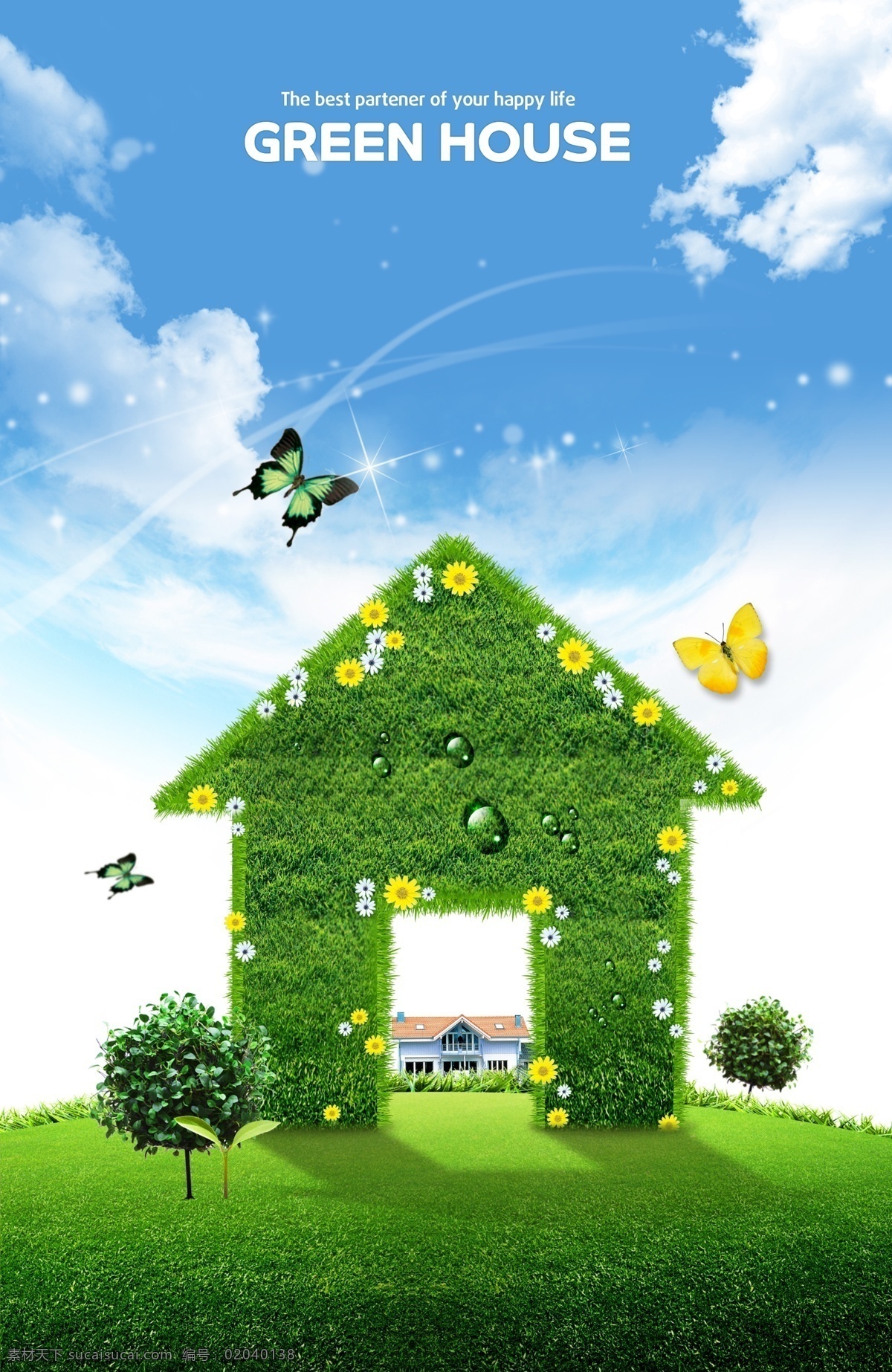 绿色概念 环保 节能 清新 自然 房子 草地 绿色房子 蓝天 白云 蝴蝶 广告设计模板 psd素材 白色