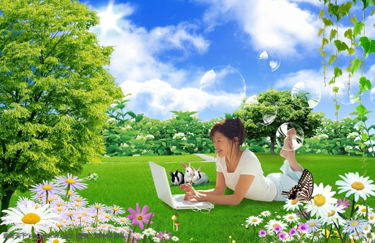 享受 生活 笔记本电脑 草地 电脑 蝴蝶 花 蓝天 美女 树 藤条 透明泡泡 享受生活 兔子 趴在草地上 psd源文件