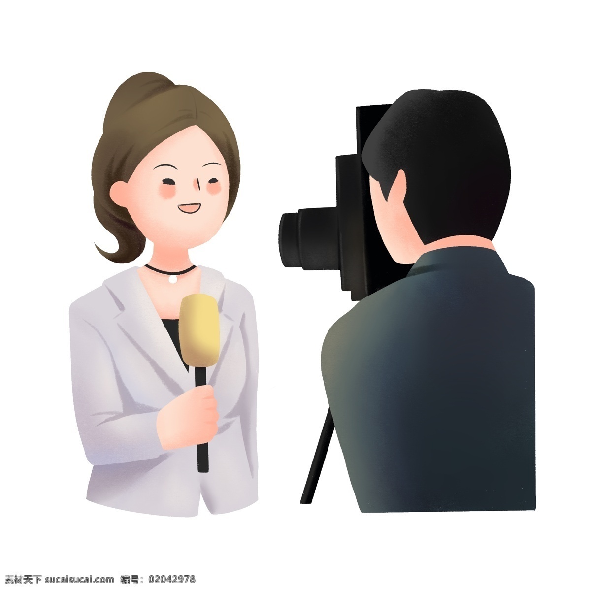 记者 双人 人物 男人 女人 采访 场景 卡通 话筒 中国记者日 手绘 摄影师