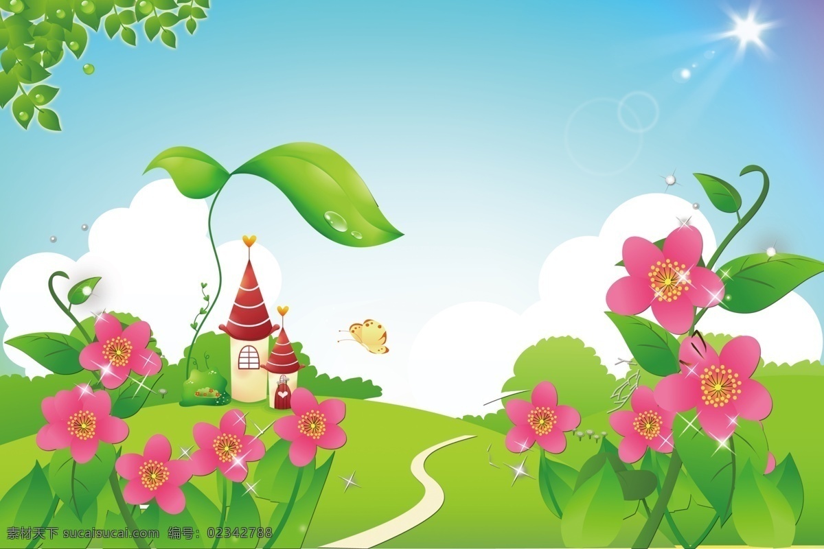 蓝天绿地展板 天空背景 花朵元 绿色元素 卡通城堡 小房子 红色花朵 小路 卡通设计