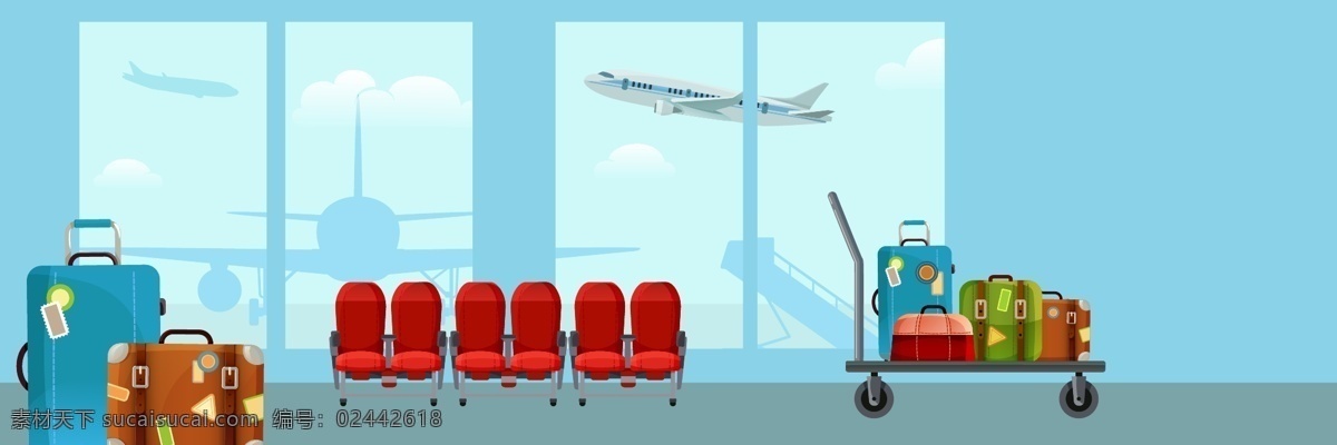 机场 蓝色 矢量 卡通 椅子 行礼 推车 海报 背景