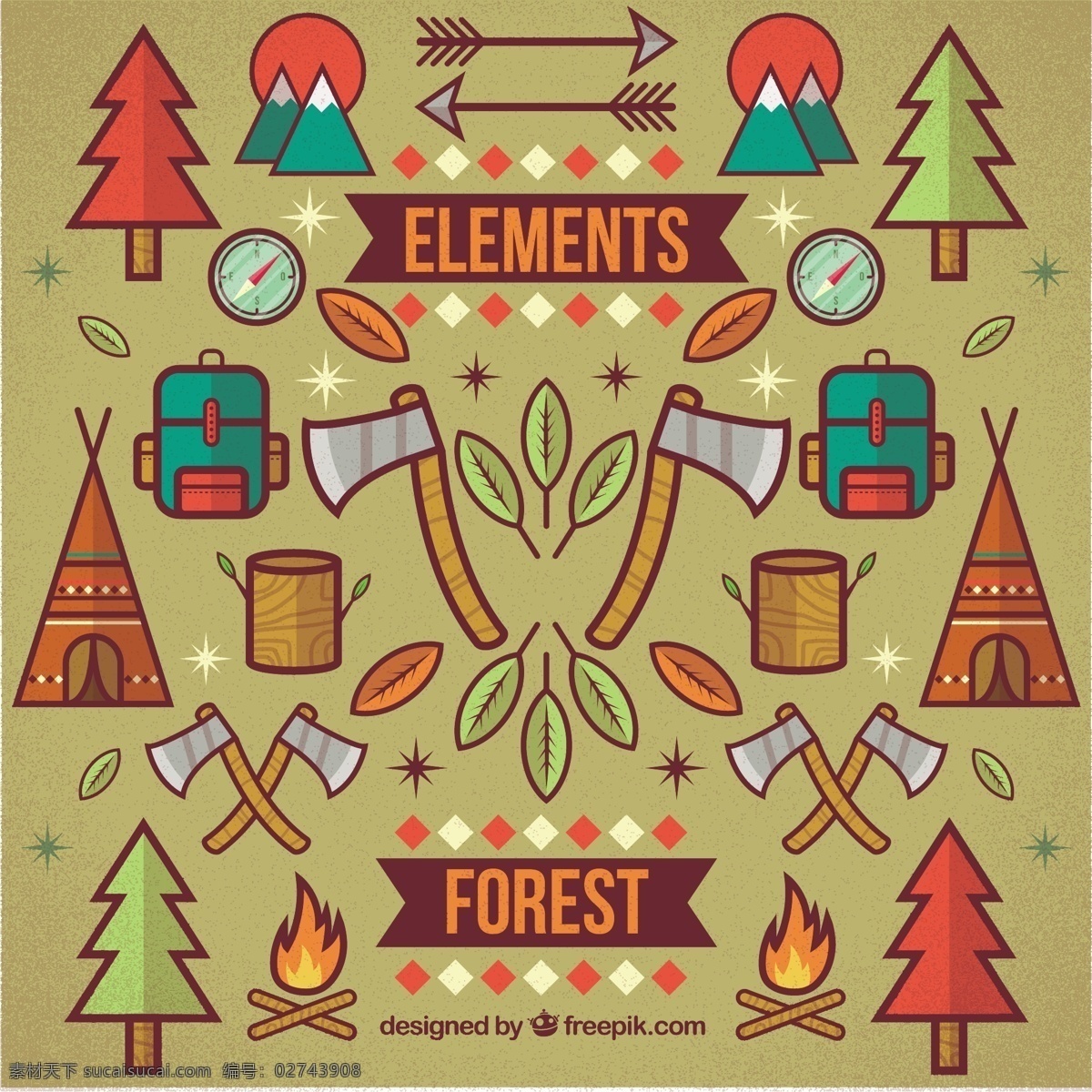 森林元素 图标 火 自然 山 森林 元素 露营 冒险 帐篷 户外 背包 斧头 探险家 营地火灾 黄色