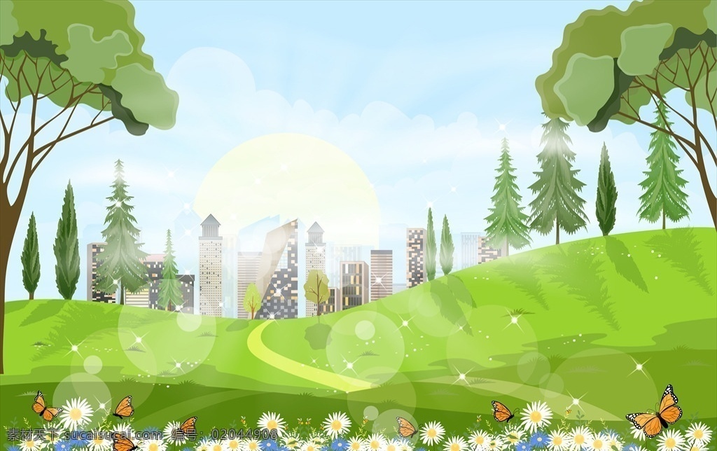 卡通风景 矢量风景插画 公路风景 沿路风景画 山景 山水插画 卡通山水画 装饰画 树木 丛林风景 山坡湖泊 春意风光 山路风景 卡通风光 绿色风景 环保插画 田园风光 郊外风光画 动漫动画