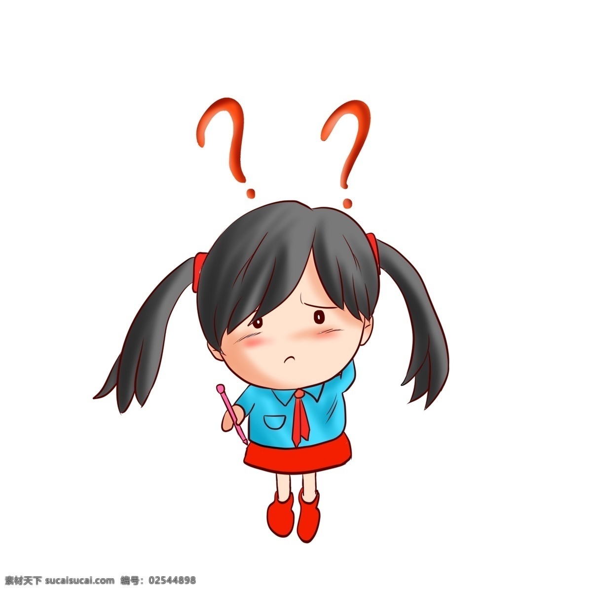 可爱 卡通 儿童 问号 卡通人物 可爱女孩 双马尾女孩 女孩问号脸 卡通手绘 问号装饰 问号图案 蓝色 红色 学生