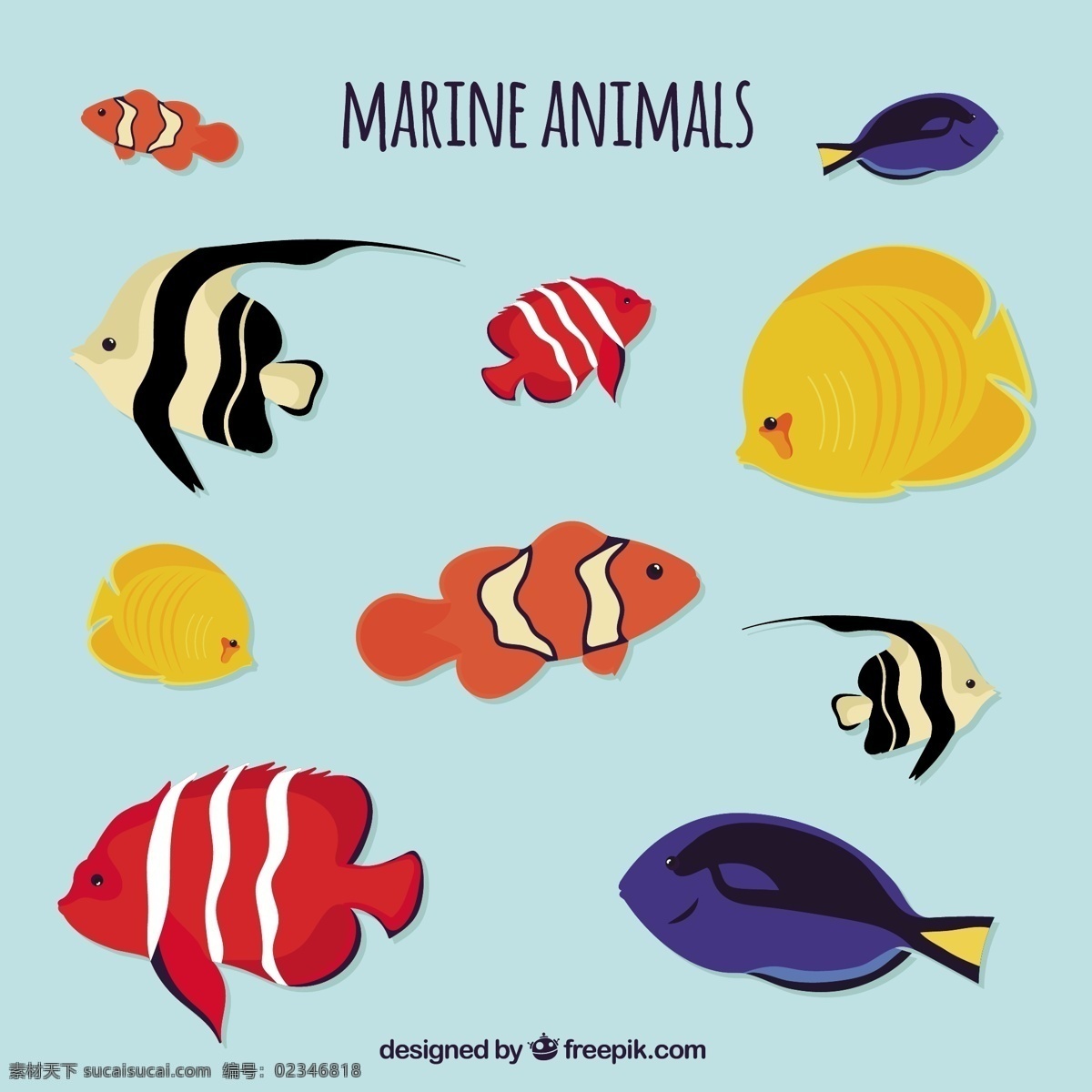 海上生活 水 鱼 海 动物 卡通 颜色 丰富多彩 海洋 生命 水彩画 水下 水族 卡通动物 集合 鱼类 青色 天蓝色