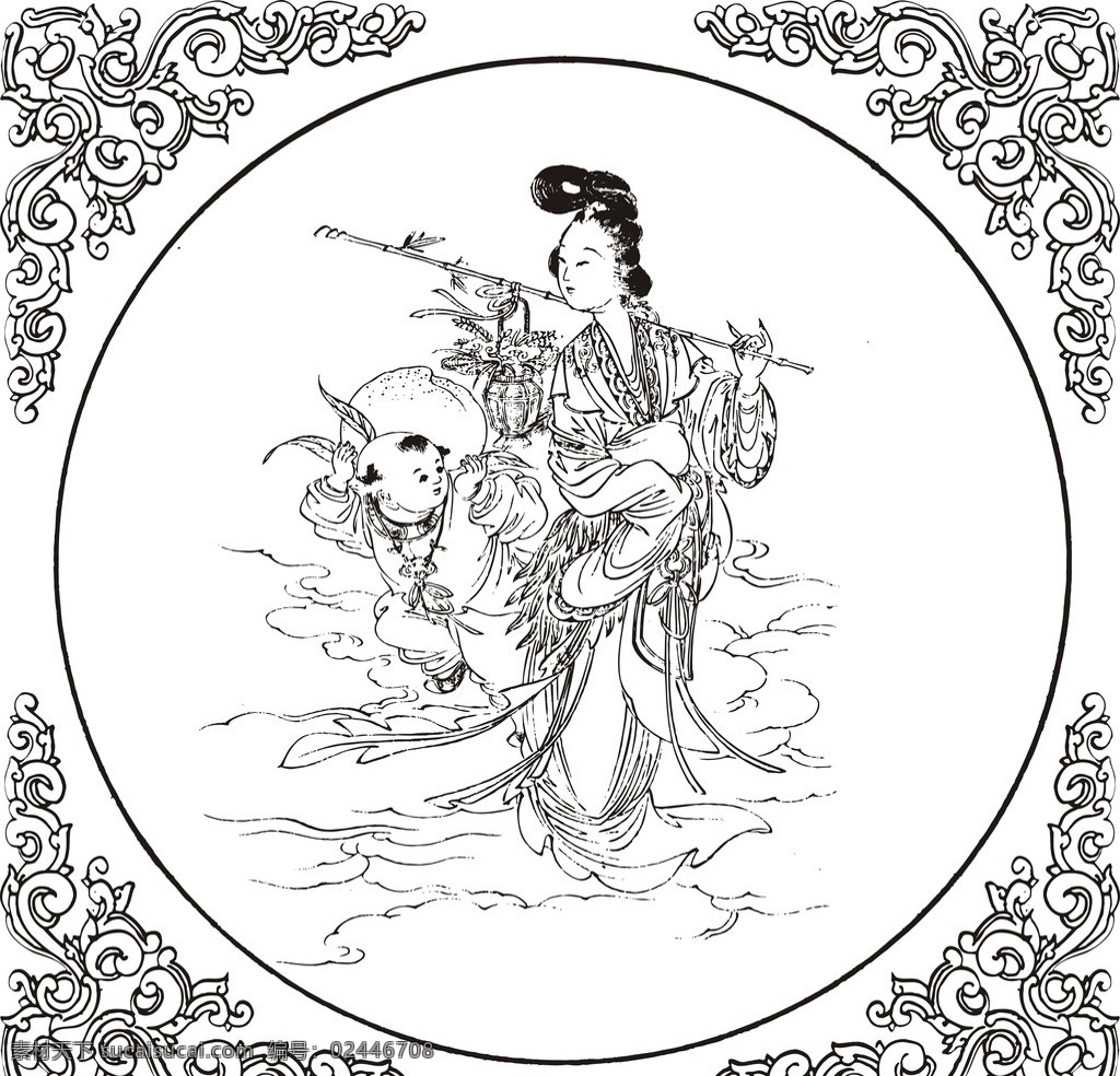 中国 传统 仙女 童子 蟠桃 图 国画 水墨 吉祥 神话 花边 仙桃 仕女 孩童 飞天 壁画 妇女女性 矢量人物 矢量