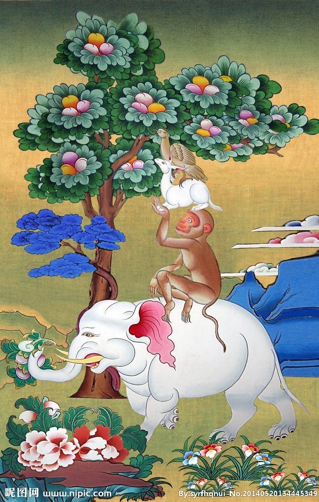 吉祥四瑞 和睦四瑞 大象 猴子 藏族唐卡 文化 传统文化 文化艺术
