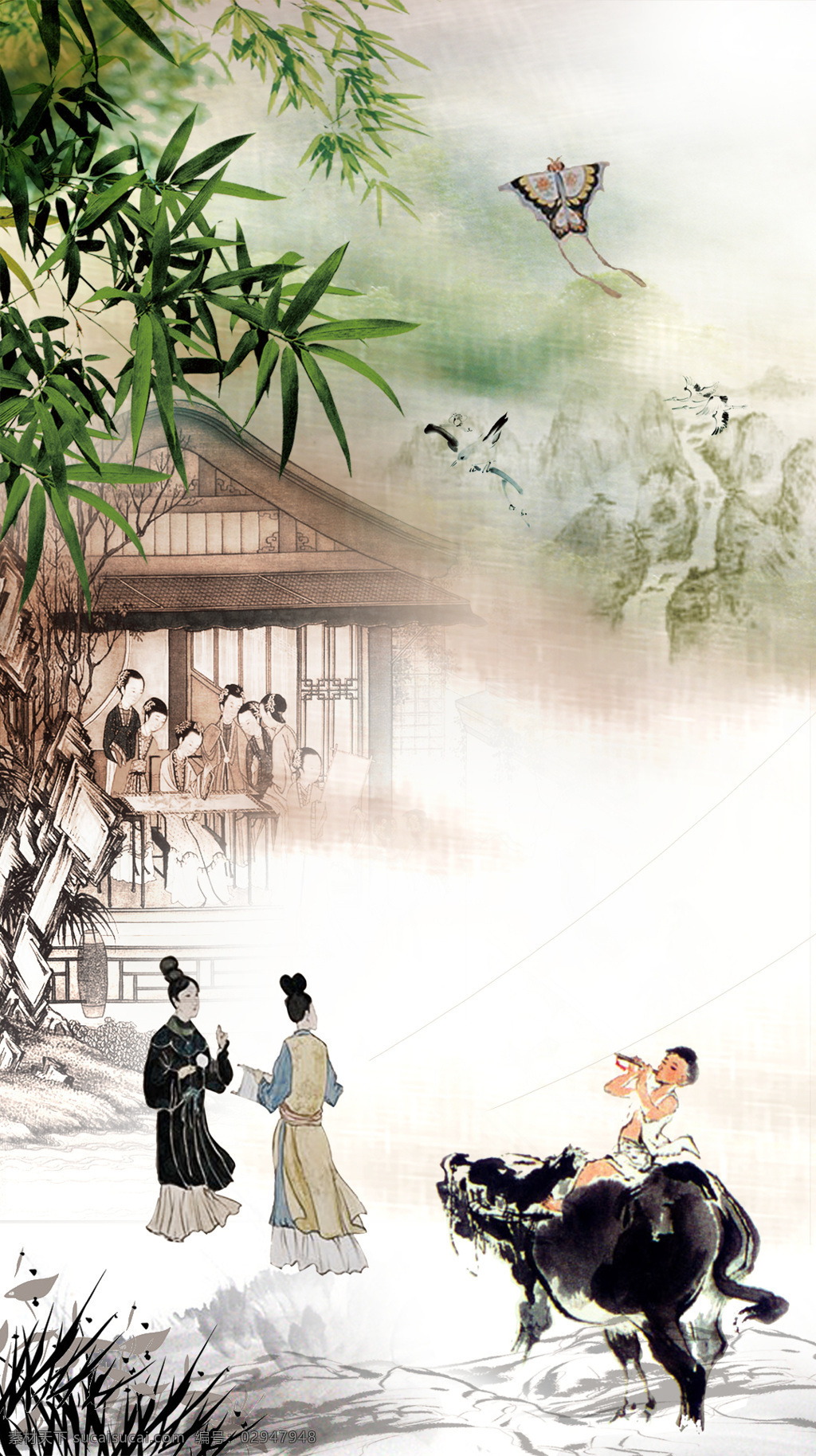手绘 卡通 古典 清明节 背景 男人 竹子 放牛 儿童 女孩 水墨 亭子 人群 黑白 风筝