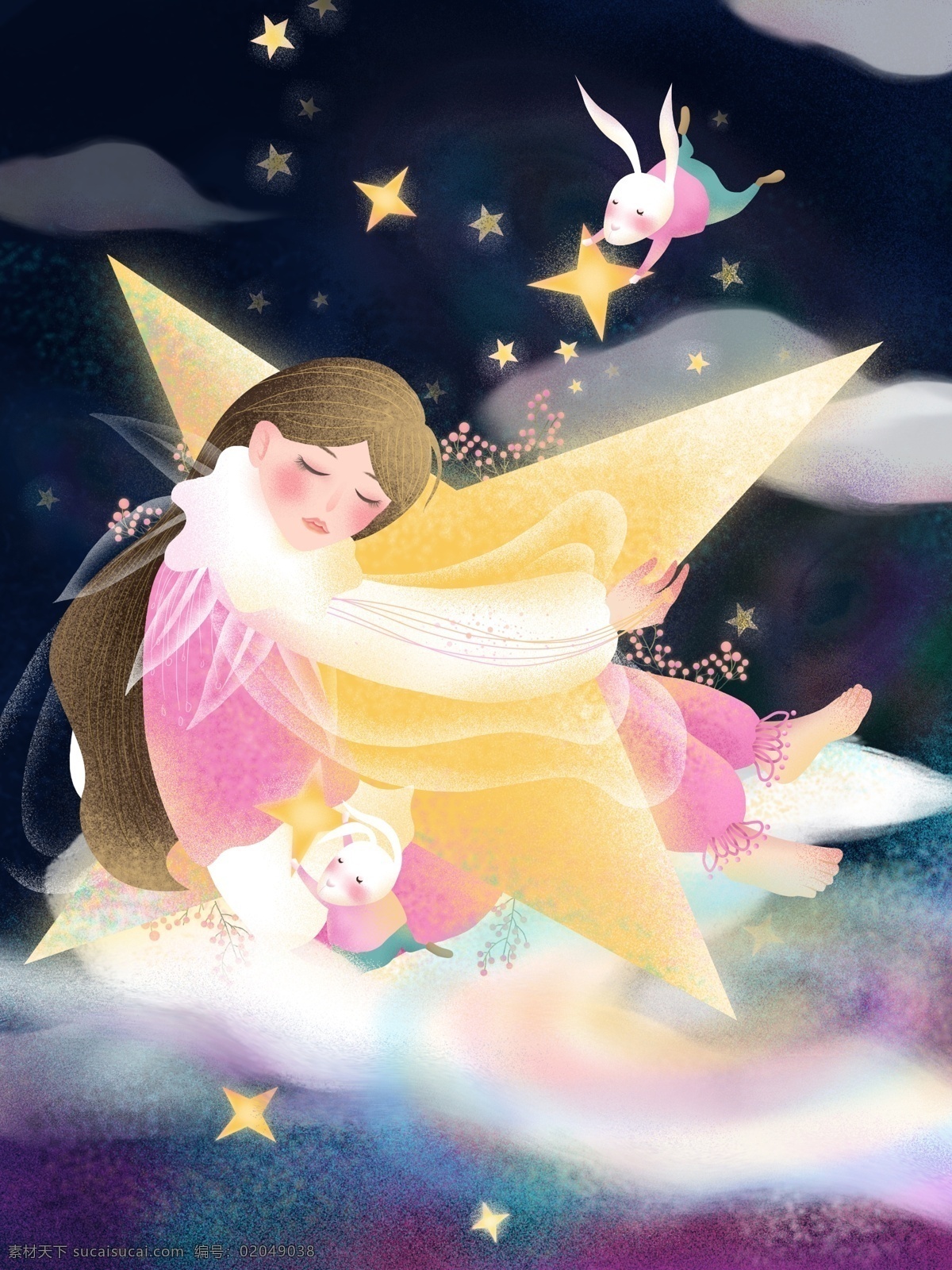 原创 手绘 插画 治愈 系 晚安 你好 唯美 云 星星 女孩 兔子 夜晚 手绘插画